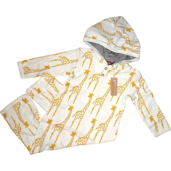 MilkBarn Giraffe Organic Cotton 6 9 12 Mos Hooded Longall Romper Outfit Boy NWT - Picture 2 of 4